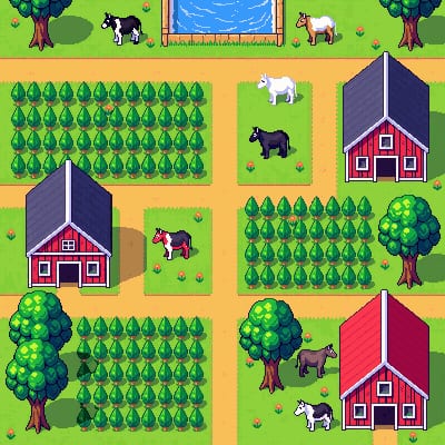 AFK Acres key art — a pixel-art farm with crops, animals and a pond