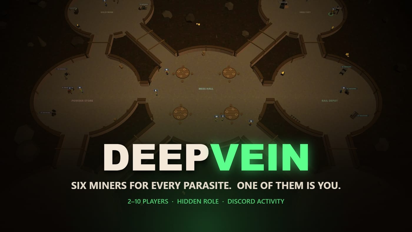 Deepvein key art — a lantern-lit mine shaft crowded with miners