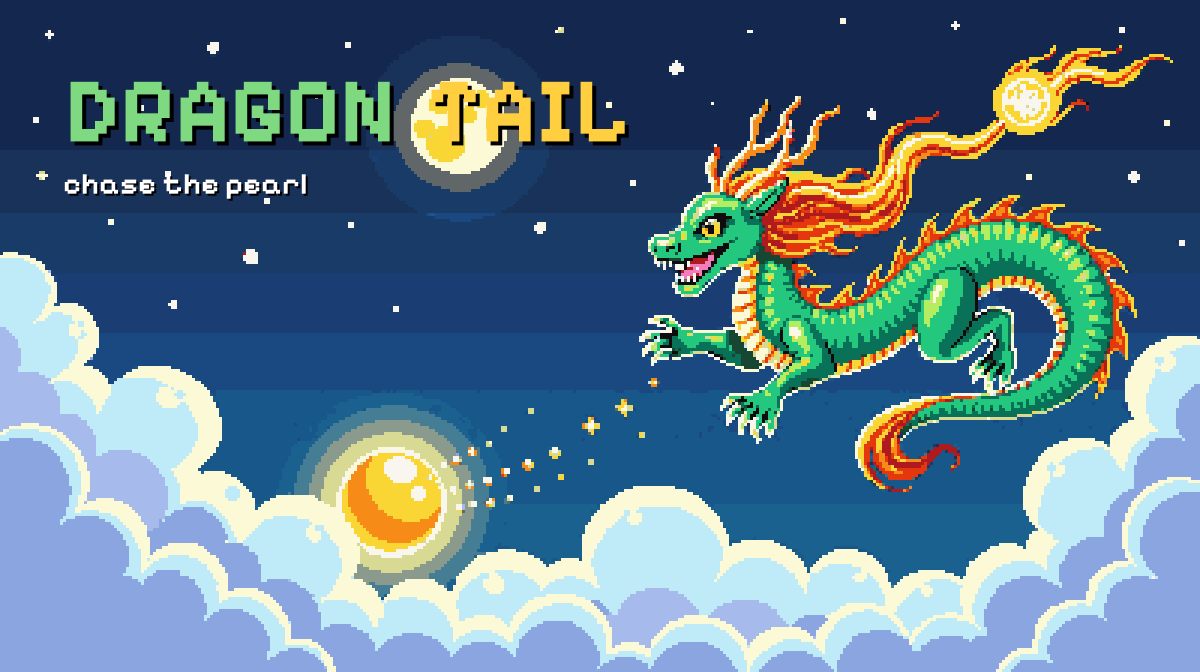 Dragontail key art — a jade dragon flying over moonlit clouds, chasing a glowing golden pearl