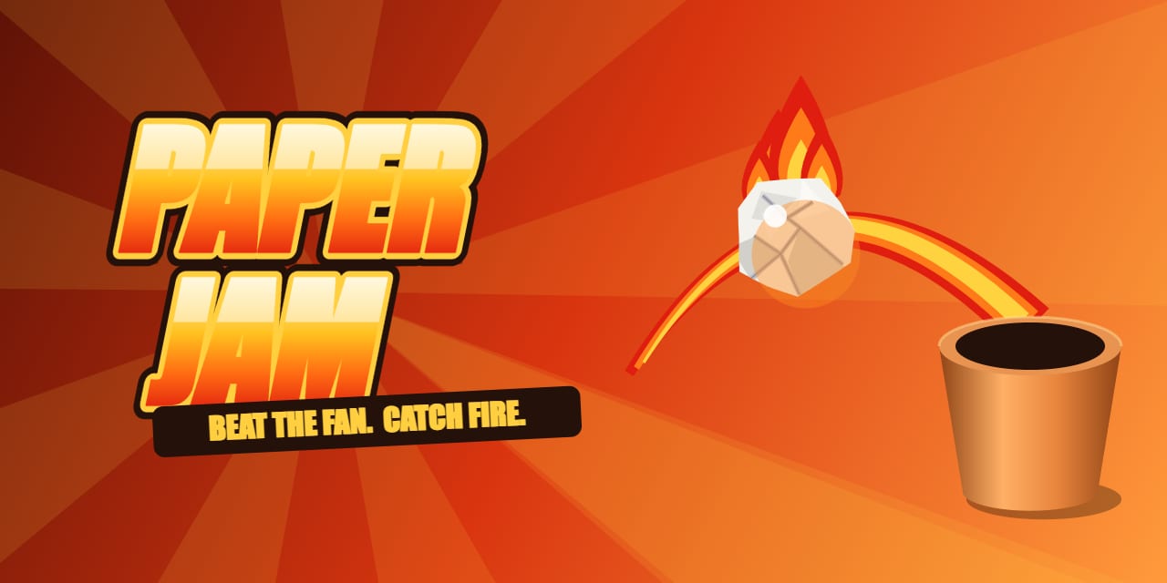 Paper Jam key art — a flaming paper ball arcing into a wastebasket