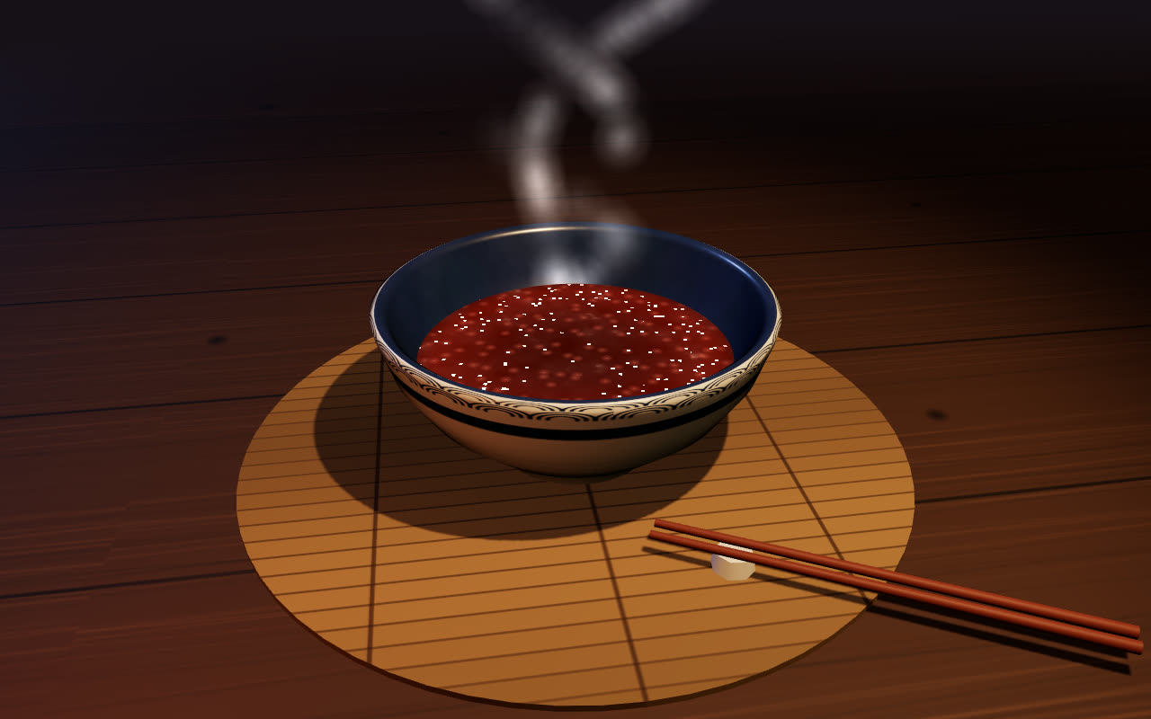 Ramen — Spicy broth at a rolling simmer, chili oil pooling on the surface