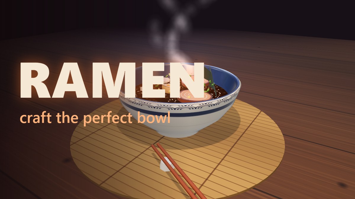 Ramen key art — a steaming bowl of shoyu ramen on a bamboo mat in a dark room