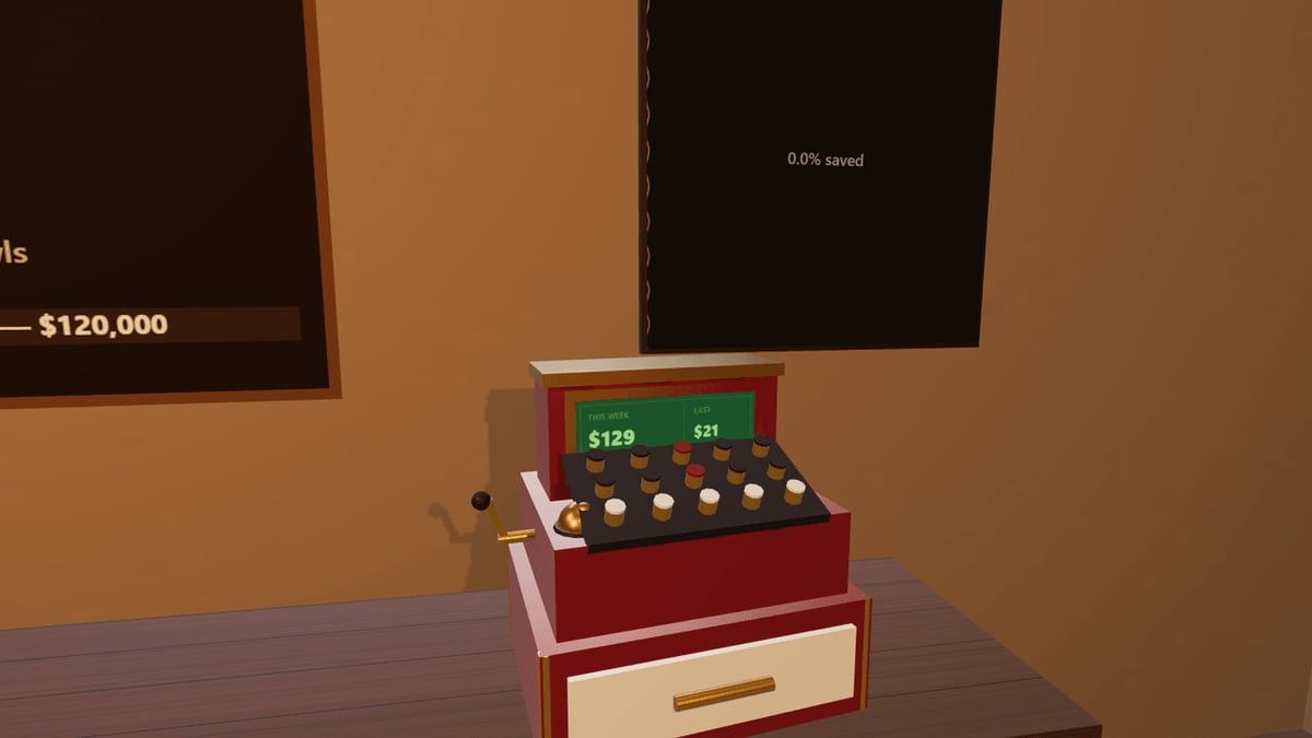 Ramen Shop Simulator — The register, the savings board and the dream house behind it