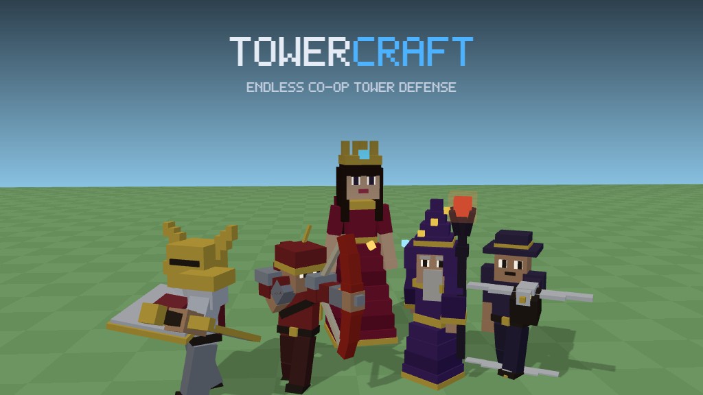 Tower Craft — a man-at-arms, archer, wizard and falconer in a line, their queen behind them