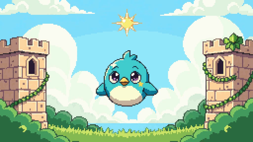 Wing It key art — a bird threading a gap between pipes